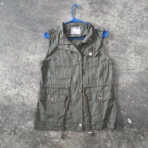 LE3NO Utility Vest Womens S Green Olive Snap Button Zip Lightweight Cargo